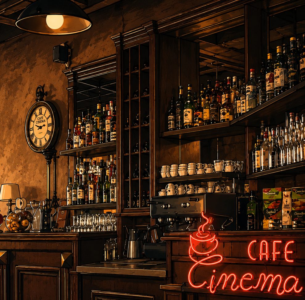 Enterijer Cafe Cinema — šank sa policama pića, espresso aparat, retro sat i neonski natpis Cafe Cinema