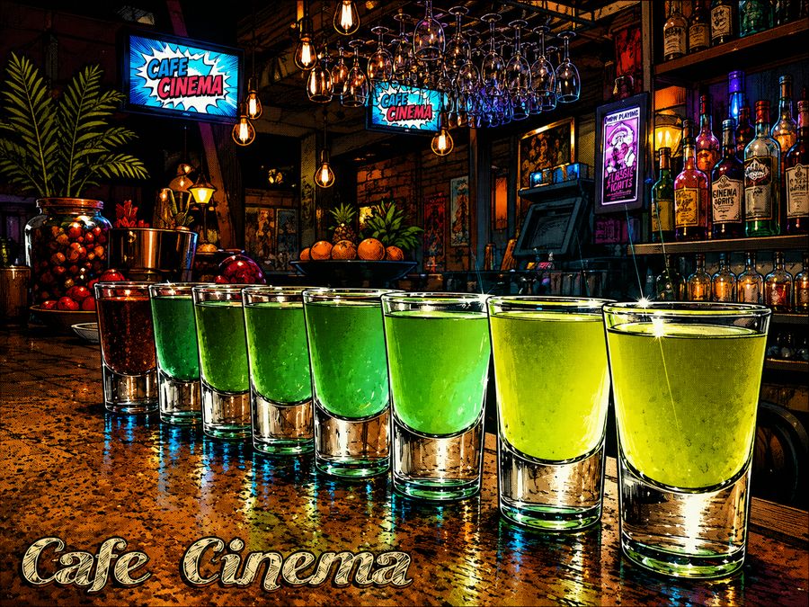 Detalji bara — šarene čašice na šanku Cafe Cinema