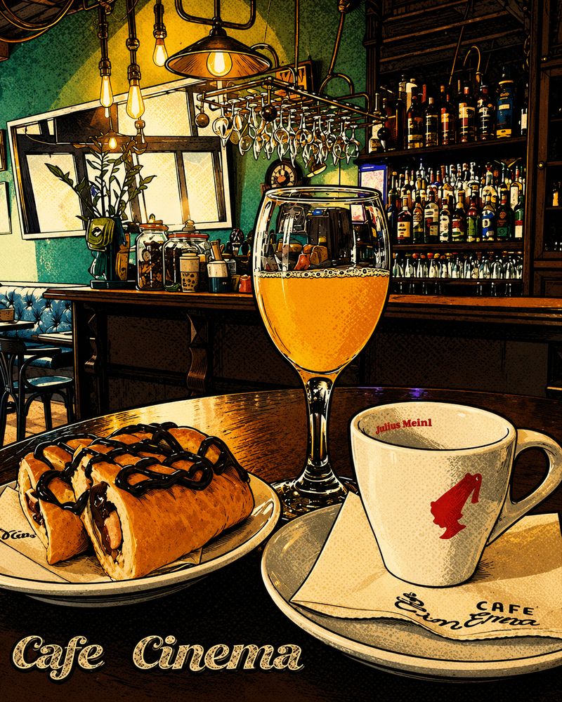 Enterijer Cafe Cinema — doručak, sok i kafa na stolu ispred bara