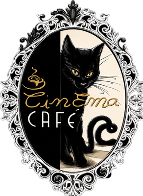 Cafe Cinema — logo sa crnom mačkom u baroknom ramu