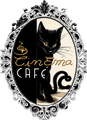 Cafe Cinema logo — crna mačka u baroknom ramu